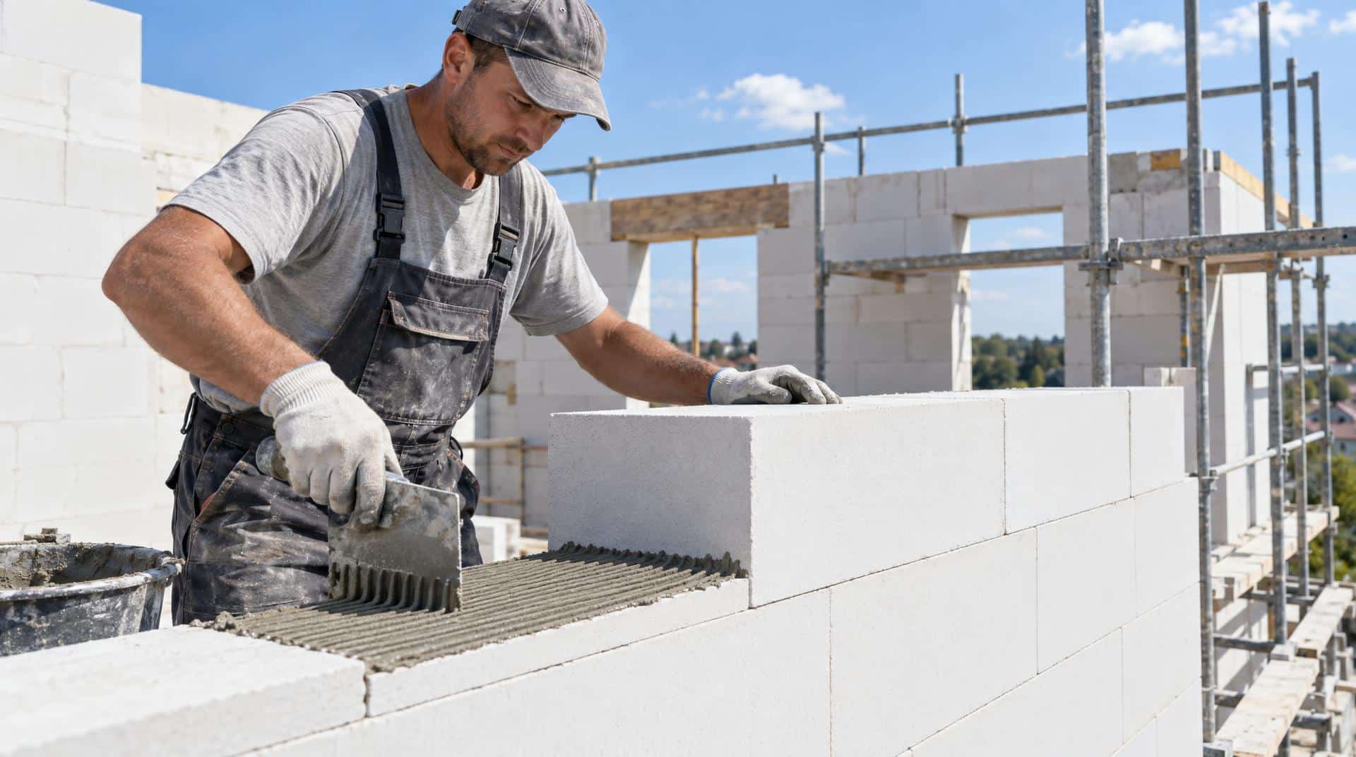 Isolation en béton cellulaire : pose de blocs à joint mince sur un mur de maison