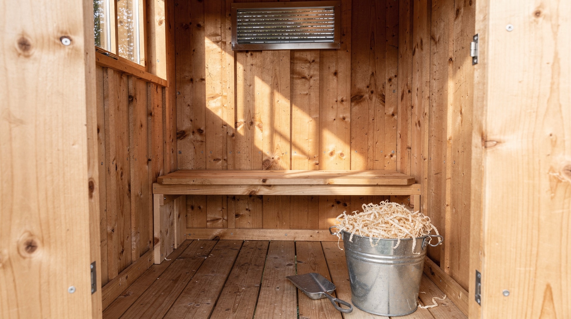 Seau de copeaux de bois et pelle dans une cabane de toilettes sèches, grille de ventilation haute