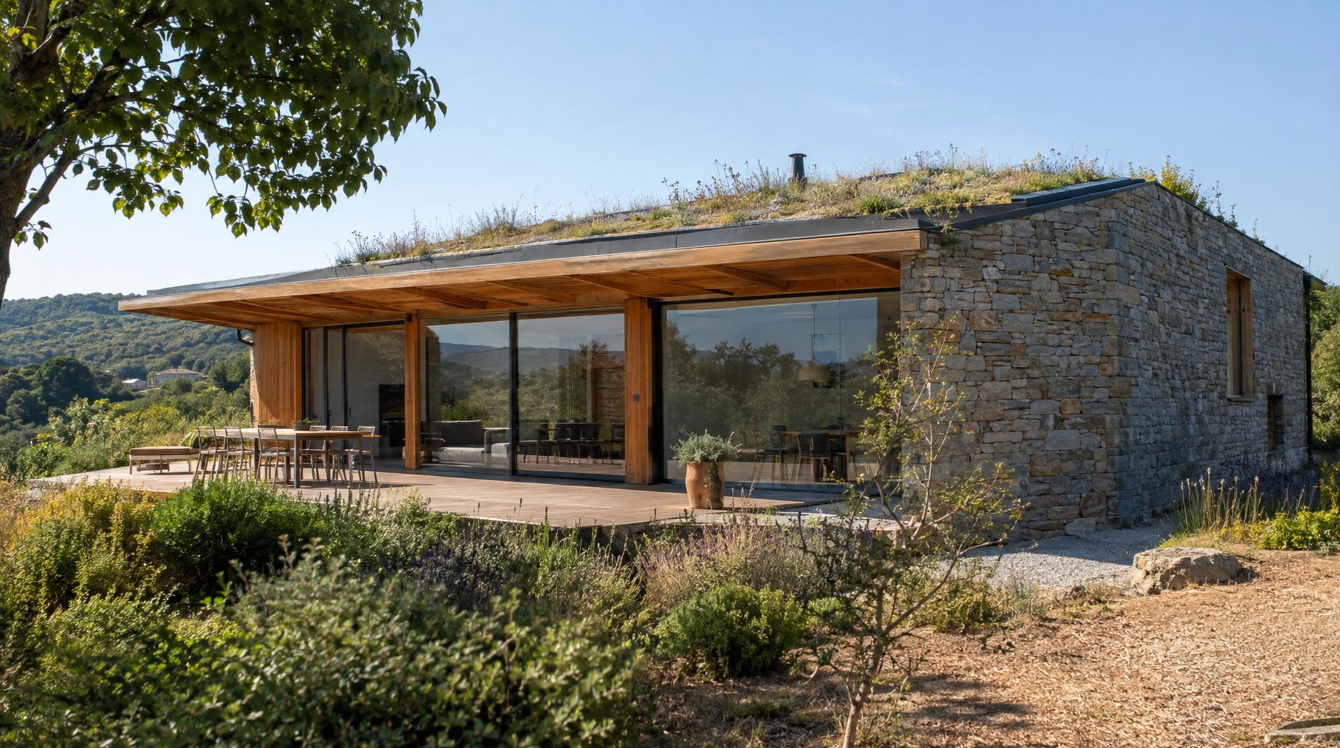 Maison bioclimatique en pierre avec grande baie vitrée au sud protégée par une casquette en bois et toiture végétalisée