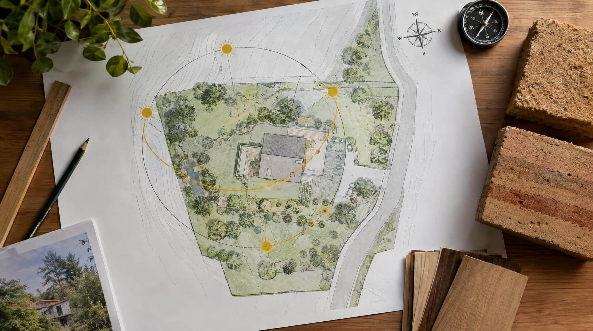 Plan de masse d'une maison bioclimatique avec la course du soleil, boussole et échantillons de matériaux biosourcés