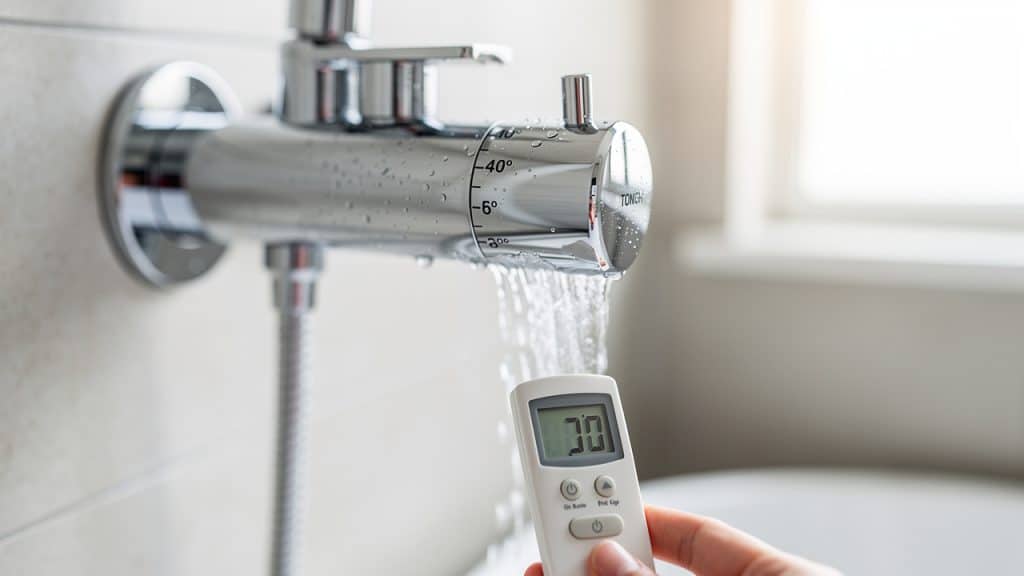 Mitigeur thermostatique de douche mal réglé, contrôle de la température de l'eau au thermomètre numérique