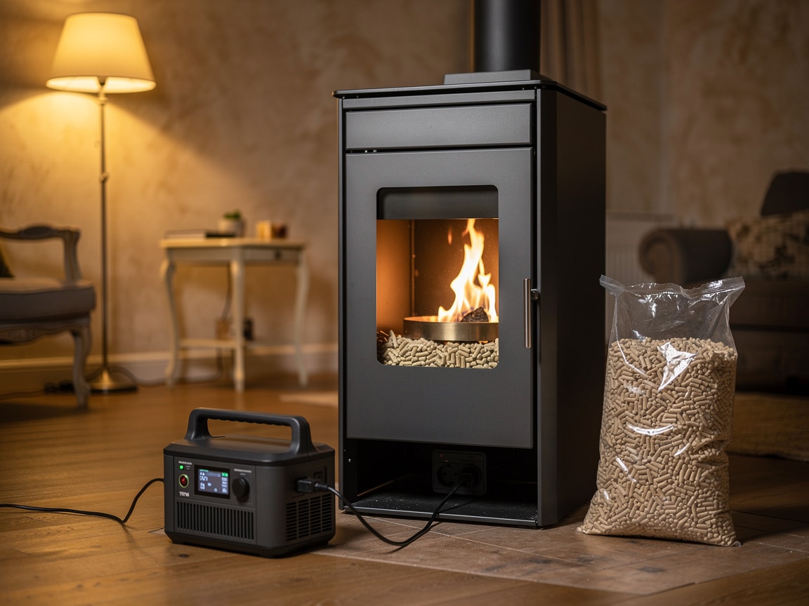 Poêle à granulés allumé dans un salon, avec sa réserve de granulés et une station d'énergie portable branchée au pied pour le faire tourner pendant une coupure de courant