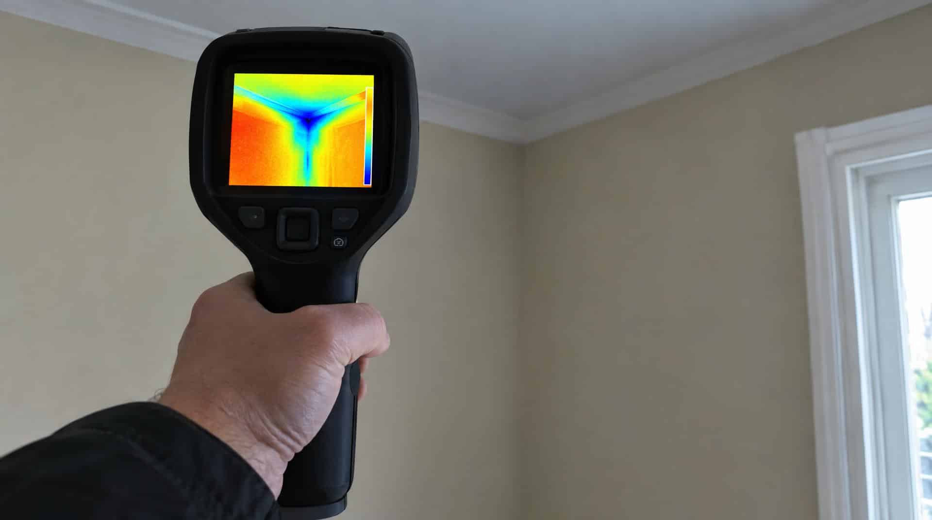 Caméra thermique pointée sur un angle de plafond, zone bleue froide révélant un pont thermique