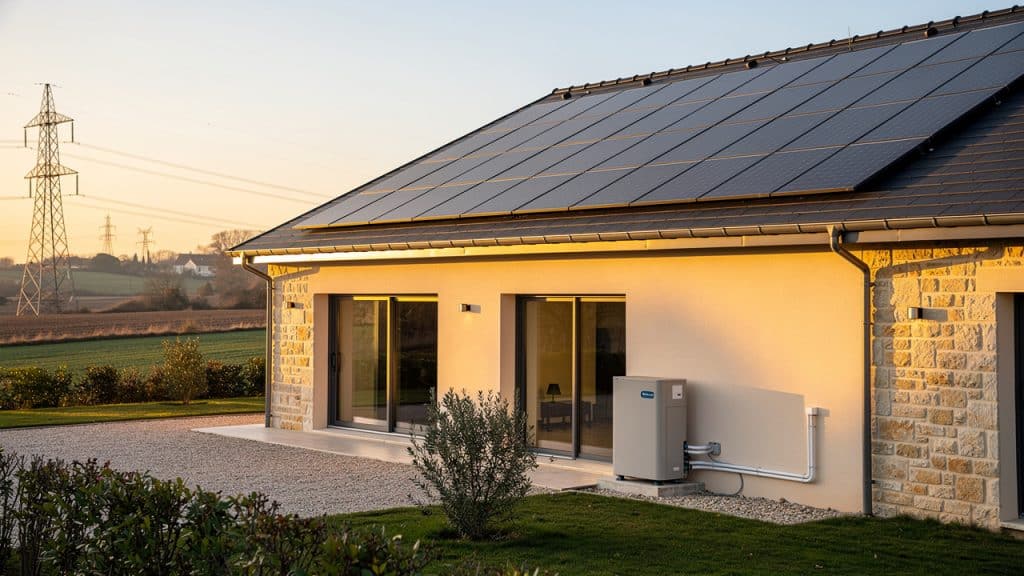 Maison individuelle avec panneaux solaires en toiture et pompe à chaleur, lignes à haute tension au loin, illustrant les objectifs de la PPE 3