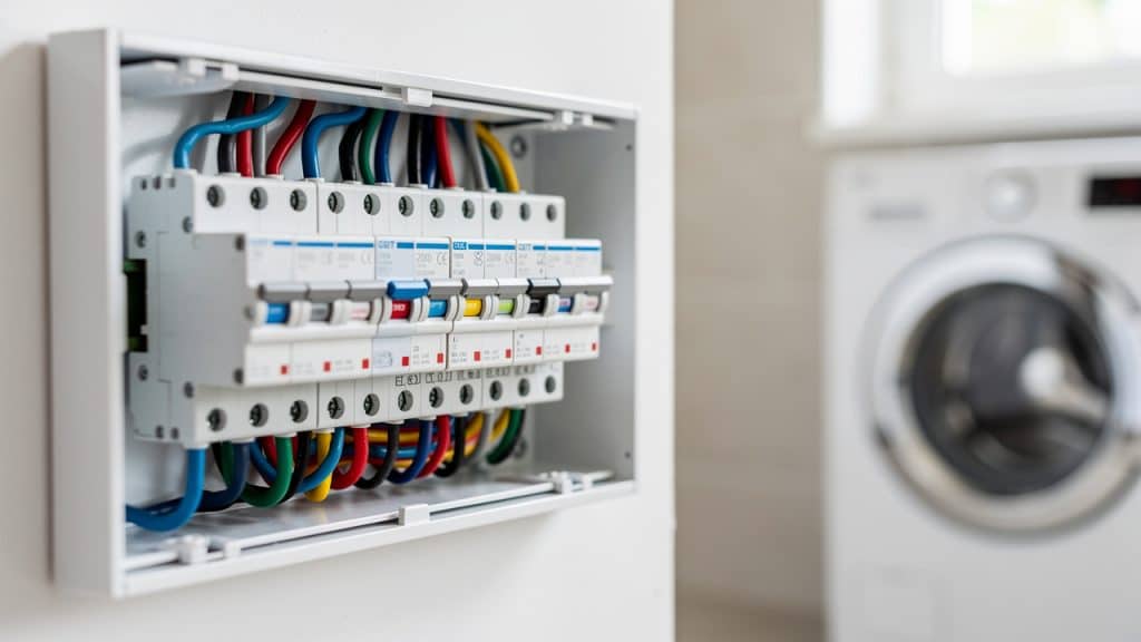 Tableau électrique domestique avec un disjoncteur 20 A pour le lave-linge, protégé par un différentiel de type A