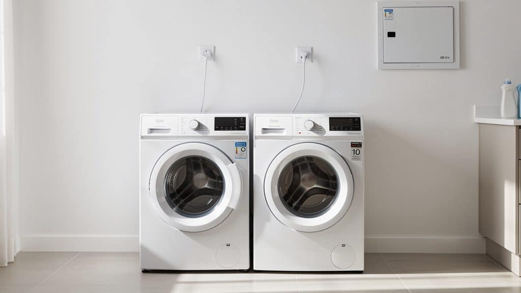 Buanderie avec deux prises 20 A dédiées, le lave-linge et le sèche-linge sur des circuits distincts