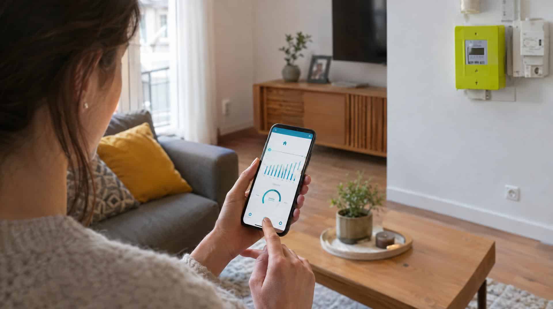 Suivi de la consommation électrique sur smartphone dans un salon, compteur Linky visible au mur