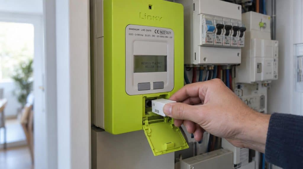 Module de suivi de consommation inséré dans le port de communication d'un compteur Linky vert anis