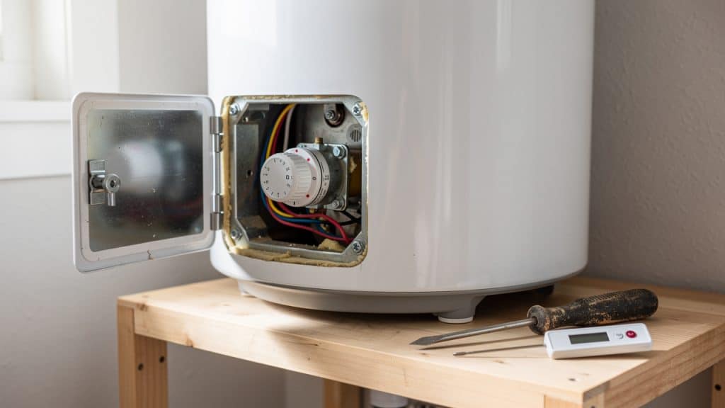 Température chauffe-eau : thermostat d'un ballon électrique ouvert, avec tournevis et thermomètre de cuisine