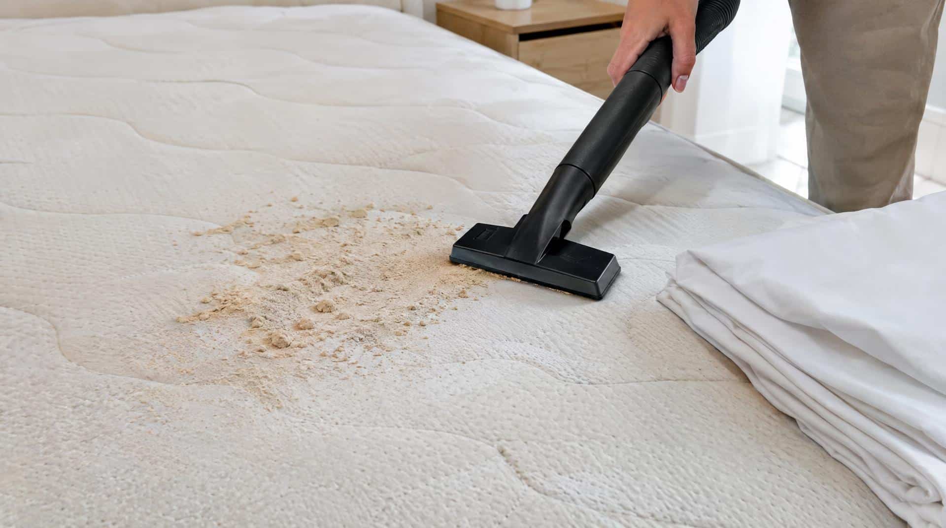 Aspirateur retirant la terre de Sommières séchée sur un matelas après le temps de pose