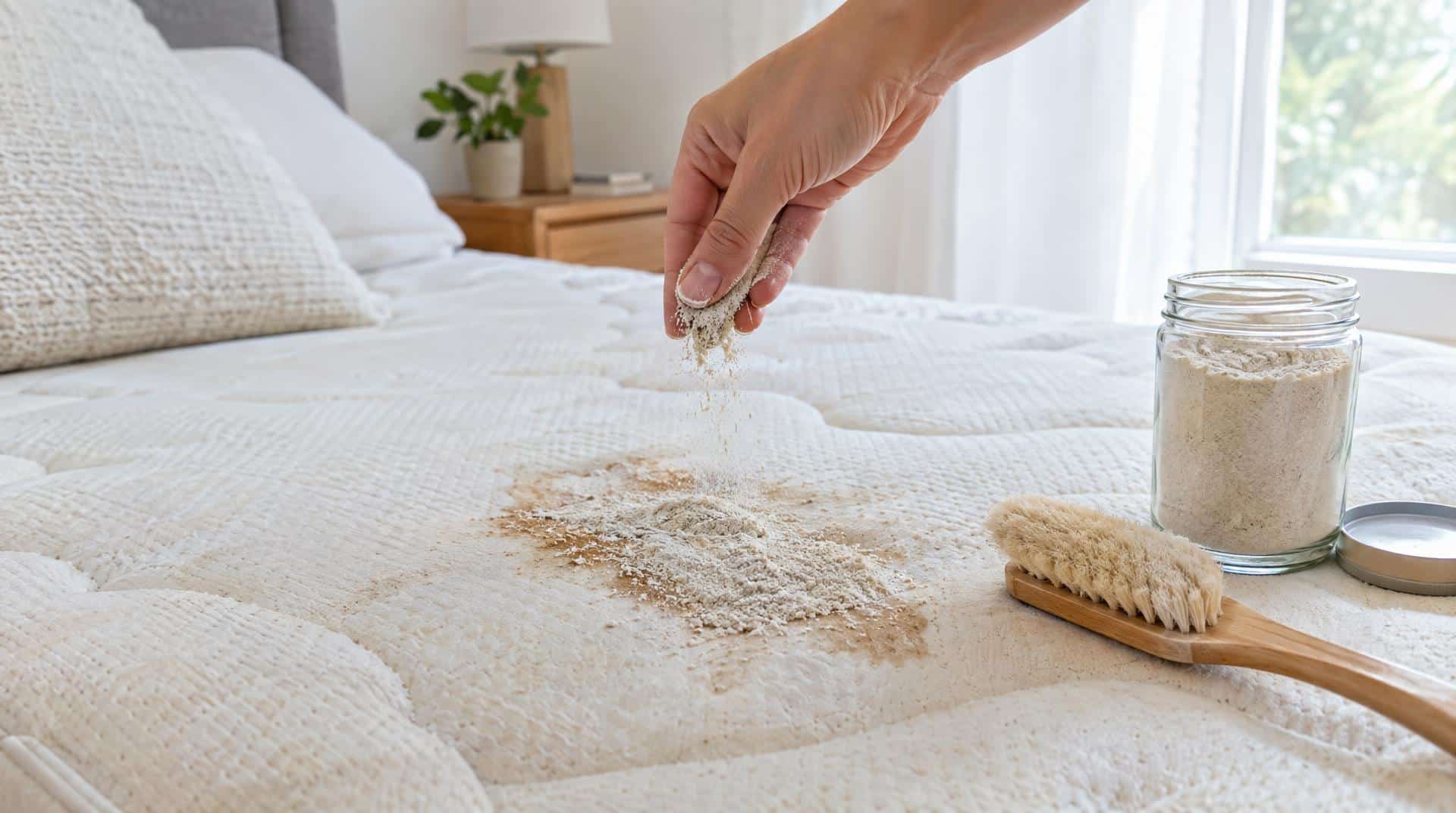 Main saupoudrant de la terre de Sommières sur une auréole de matelas, bocal et brosse à côté