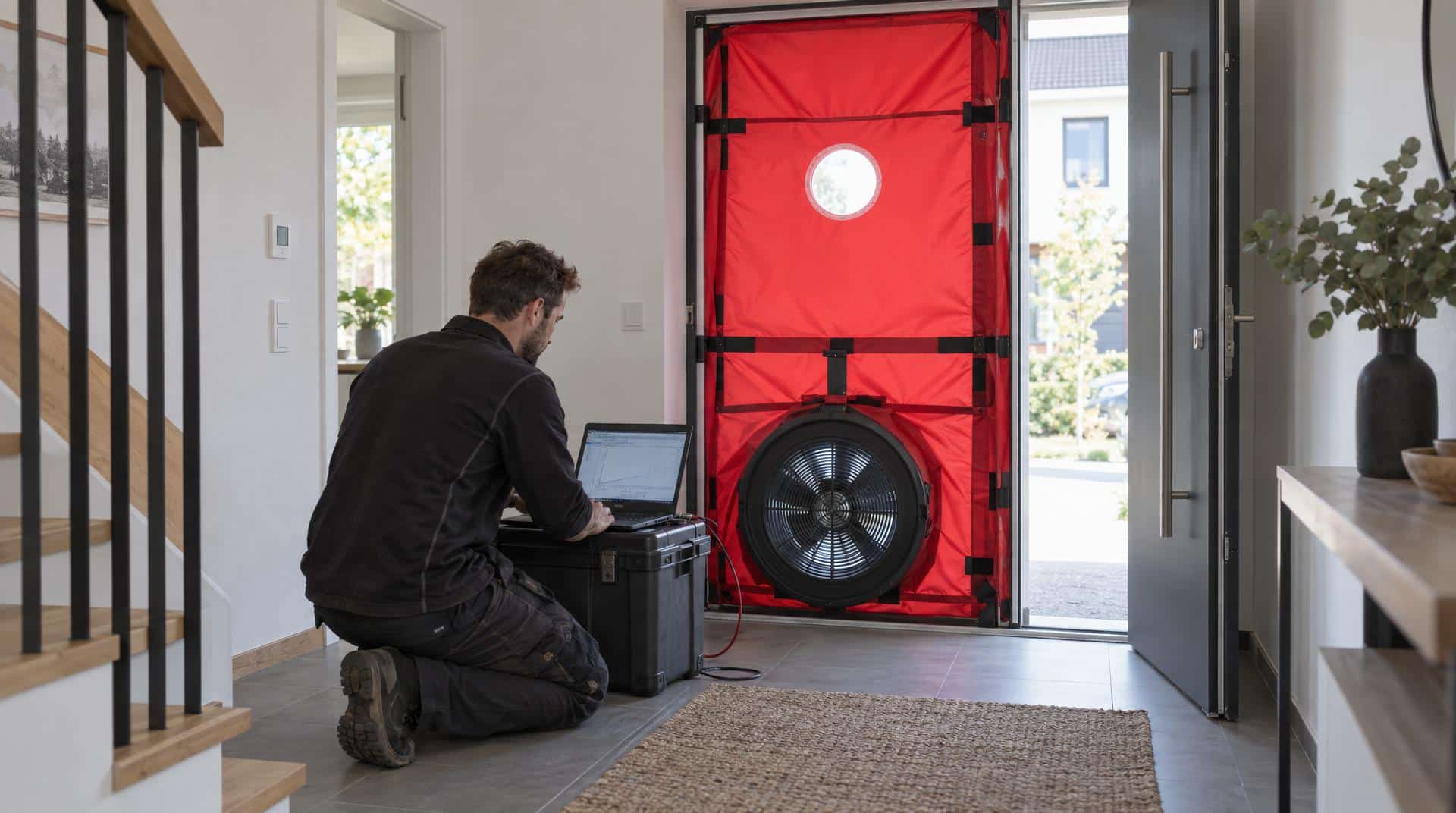 Test d’étanchéité à l’air : porte soufflante installée dans l’entrée d’une maison