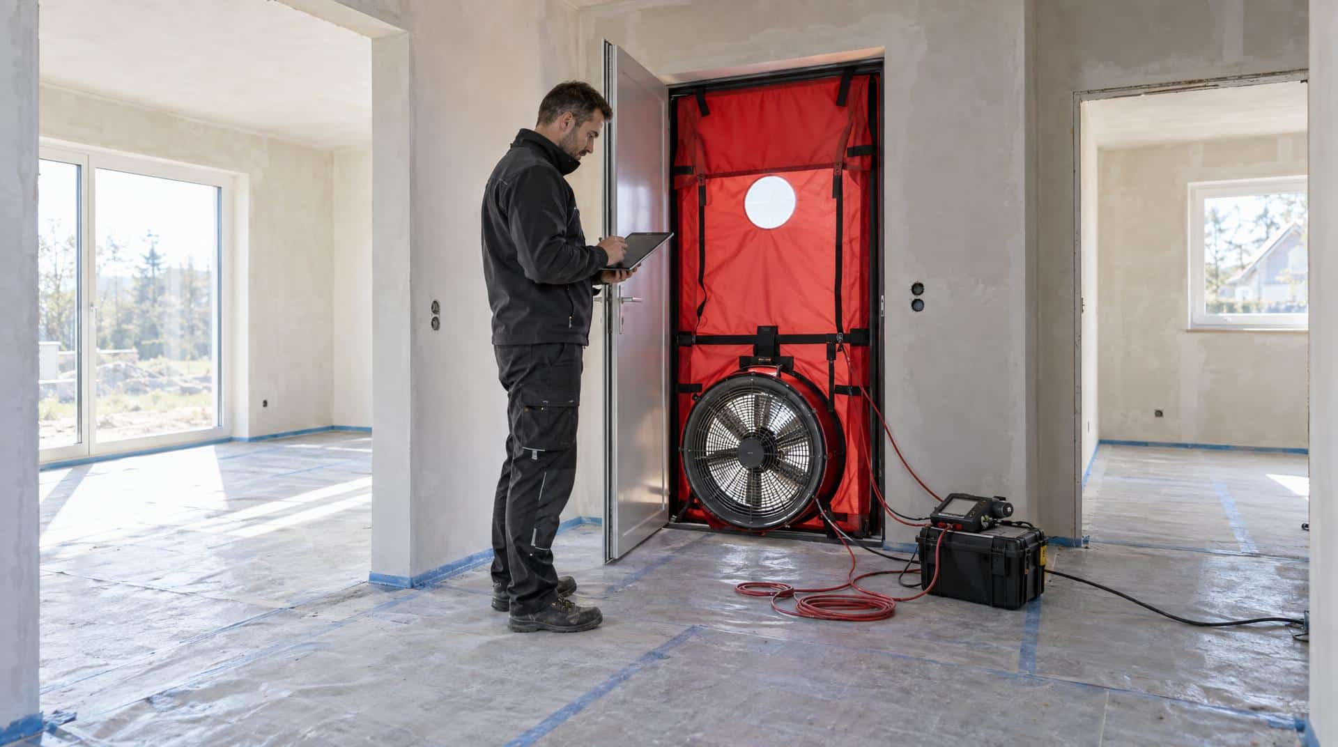 Test d’étanchéité à l’air RE2020 : mesure de perméabilité en fin de chantier dans une maison neuve