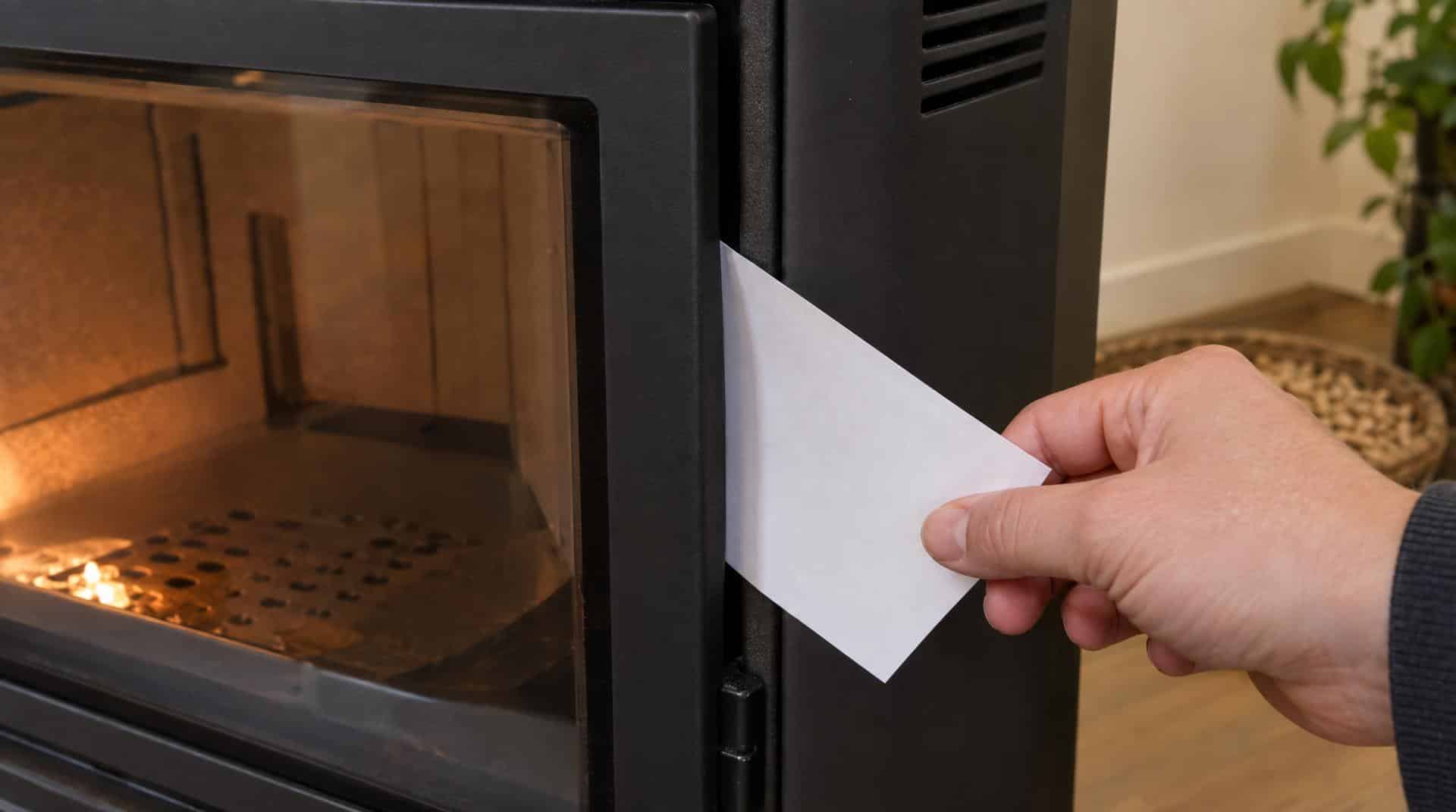 Test du joint de porte d'un poêle à granulés avec une feuille de papier glissée entre la porte et le cadre
