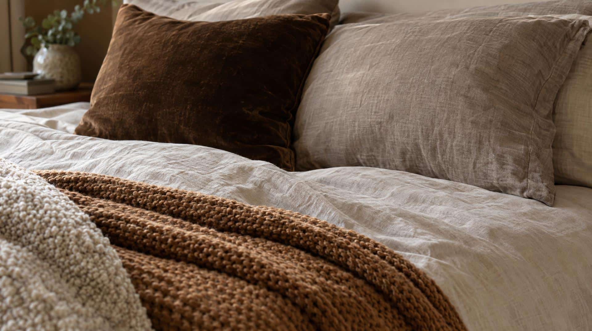 Textiles de chambre beige, taupe et chocolat : housse de couette en lin beige, taie taupe, coussin en velours chocolat et plaid caramel en grosse maille
