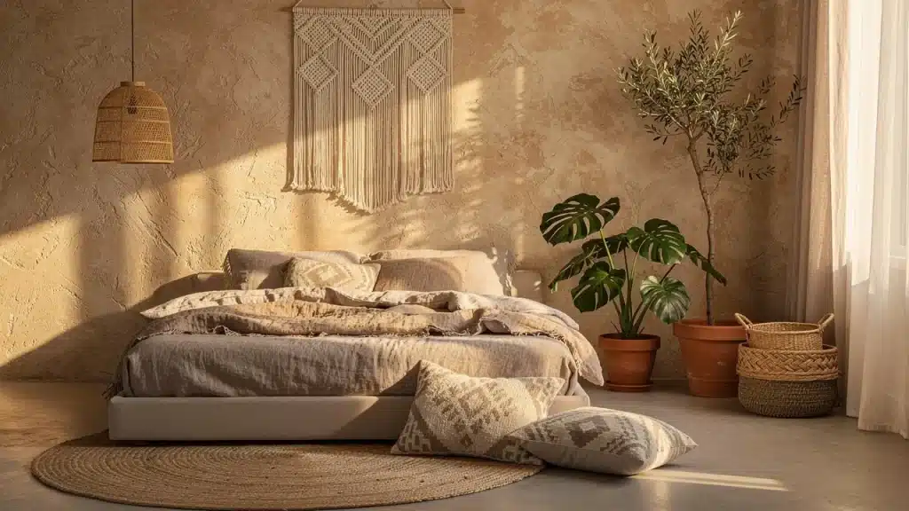 Chambre bohème chic beige et taupe : macramé mural, suspension en rotin, jute et plantes
