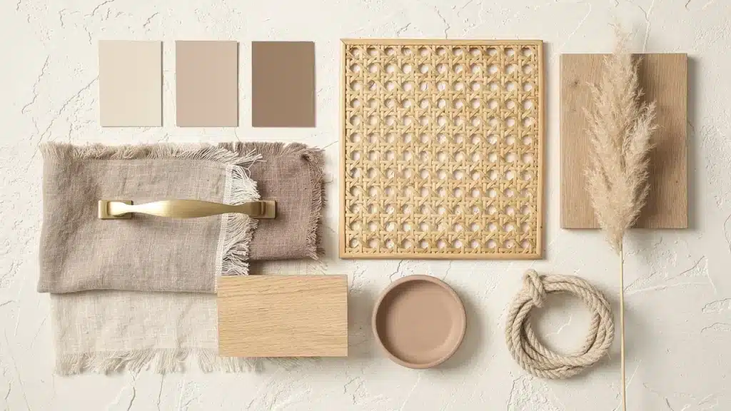 Moodboard de décoration beige et taupe : échantillons de peinture, lin, cannage, chêne et laiton
