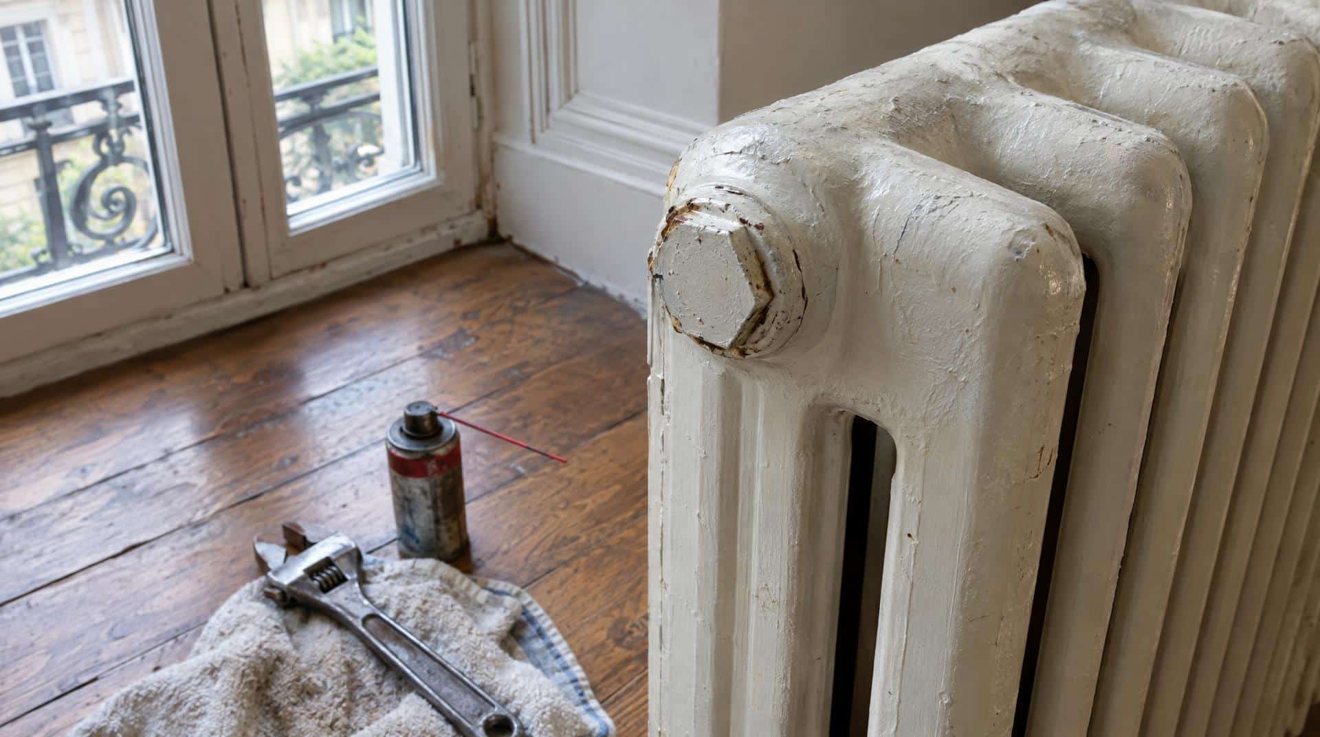 Radiateur en fonte ancien sans vis de purge : bouchon hexagonal peint en haut, clé à molette et dégrippant au pied