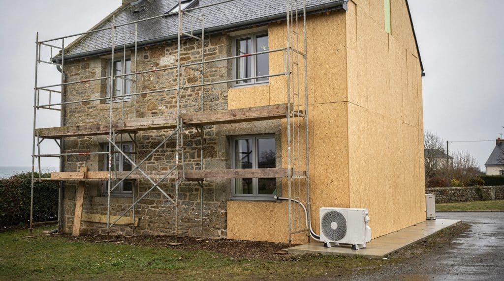 Maison en pierre en cours de rénovation énergétique : échafaudage, isolation par l'extérieur en fibre de bois et pompe à chaleur, des travaux financés par les aides énergétiques