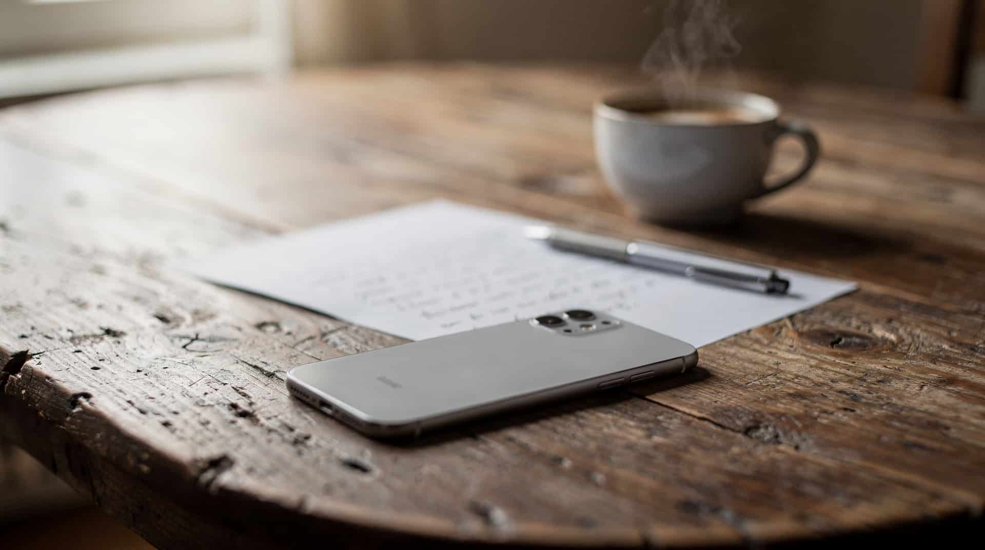Téléphone posé sur une table de cuisine à côté d'un devis et d'un stylo, avant de signer pour une pompe à chaleur
