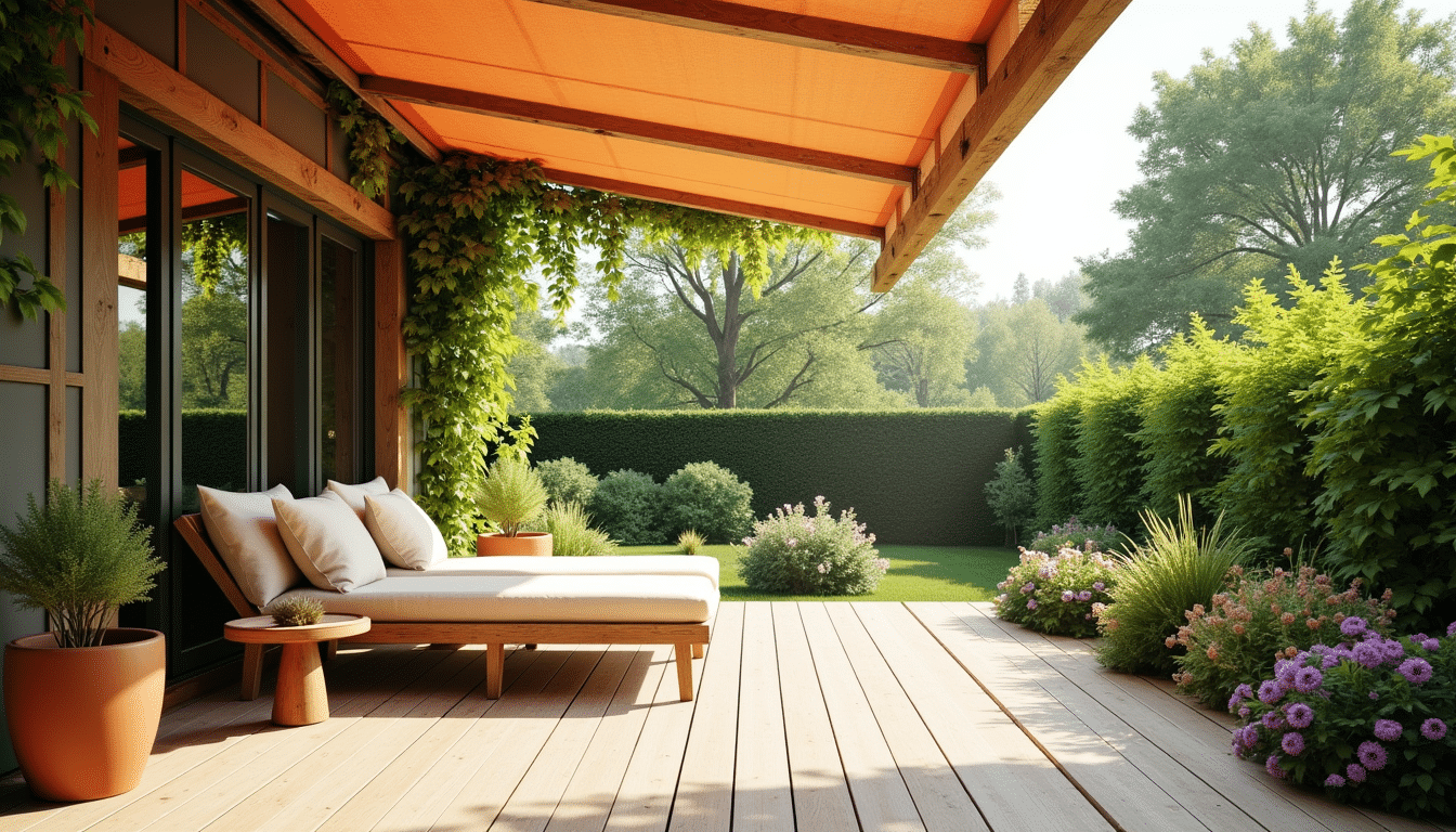 Terrasse en bois protégée du soleil par une avancée en toile orange fixée à la façade, bain de soleil à l'ombre