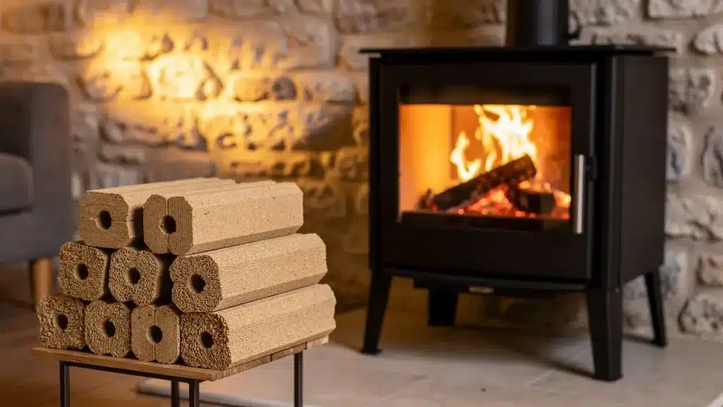 Bûches densifiées empilées à côté d’un poêle à bois allumé
