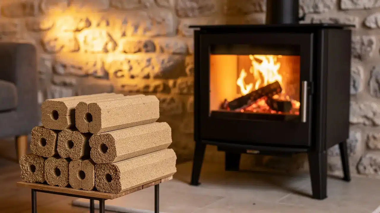 Bûches densifiées empilées à côté d'un poêle à bois allumé