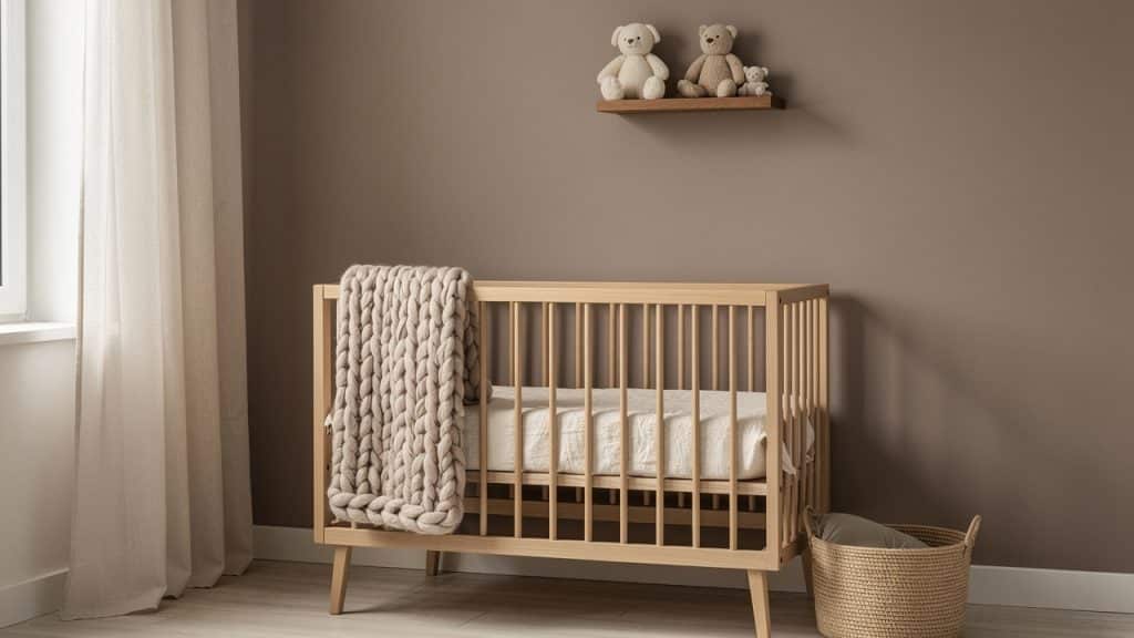 Chambre de bébé beige et taupe : mur taupe, lit à barreaux en chêne clair, plaid en grosse maille beige, voilage en lin et panier en jonc