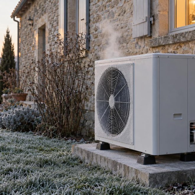 Unité extérieure d'une pompe à chaleur air-eau givrée contre une maison en pierre un matin d'hiver