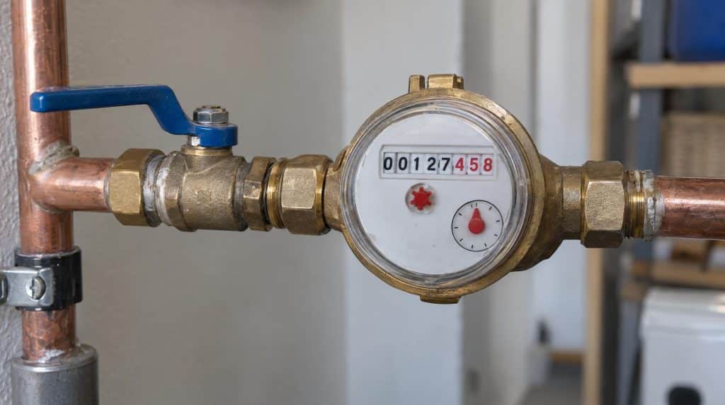 Compteur d'eau sur un tuyau en cuivre, index de 127 m³ en chiffres noirs et 458 litres en chiffres rouges