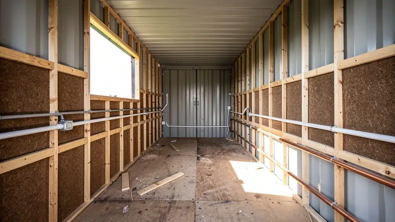 Intérieur d’un container en cours d’aménagement : tasseaux bois, panneaux de fibre de bois et gaines électriques et plomberie le long des parois