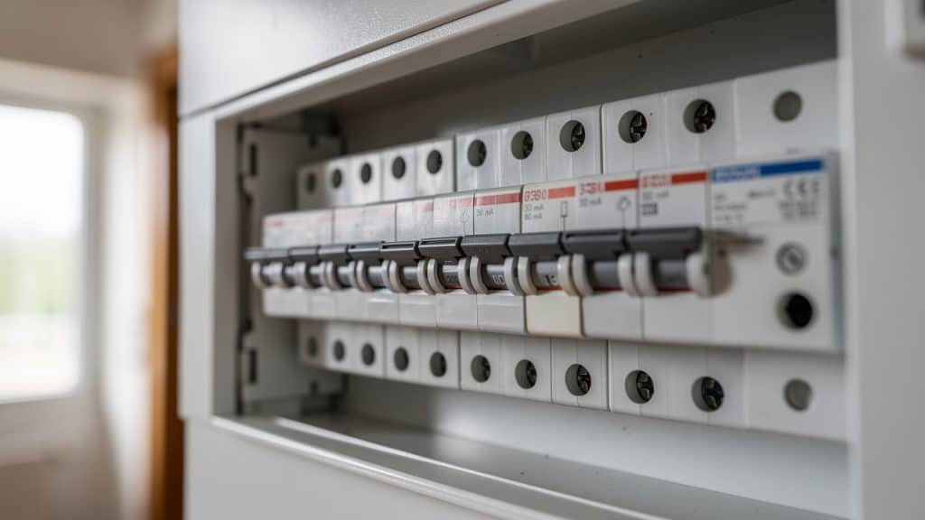 Disjoncteur qui saute : rangée de disjoncteurs et d’interrupteurs différentiels 30 mA dans un tableau électrique de maison