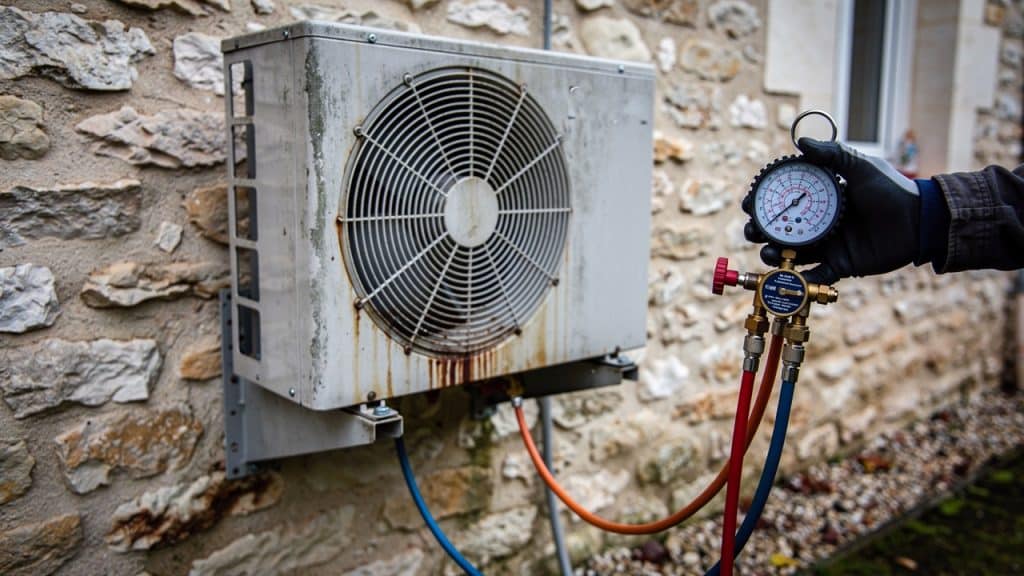 Durée de vie d'une pompe à chaleur : technicien qui contrôle les pressions d'une unité extérieure vieillissante