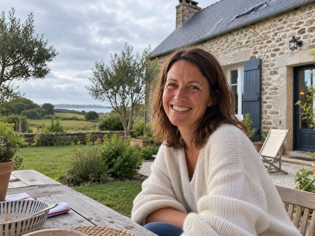 Élise Durant à la table du jardin, devant sa ferme rénovée en Bretagne