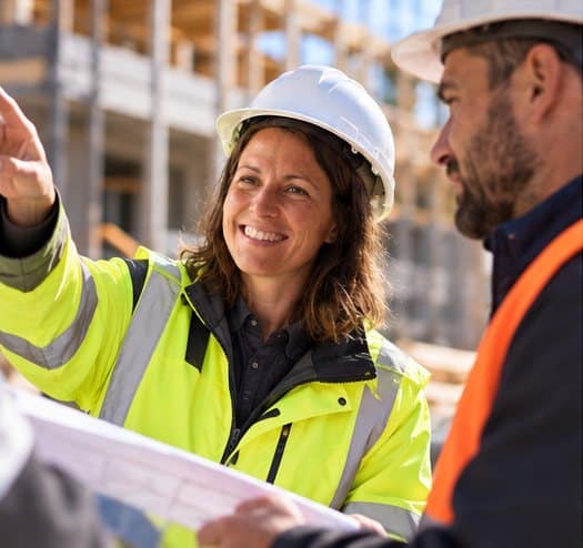 Élise Durant échange avec un artisan sur un chantier de construction bois