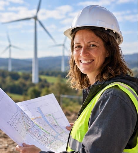 Élise Durant consulte un plan de raccordement devant un parc éolien