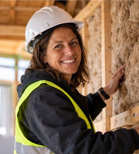 Élise Durant contrôle un isolant biosourcé posé entre les montants d’une ossature bois
