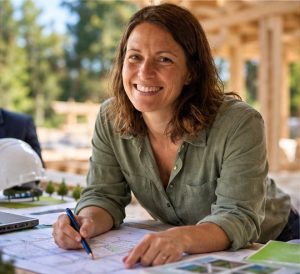 Élise Durant annote un plan de rénovation