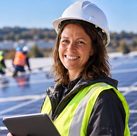 Élise Durant sur un chantier de panneaux photovoltaïques