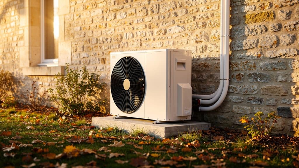 Leasing pompe à chaleur : unité extérieure de PAC air-eau posée contre une maison en pierre
