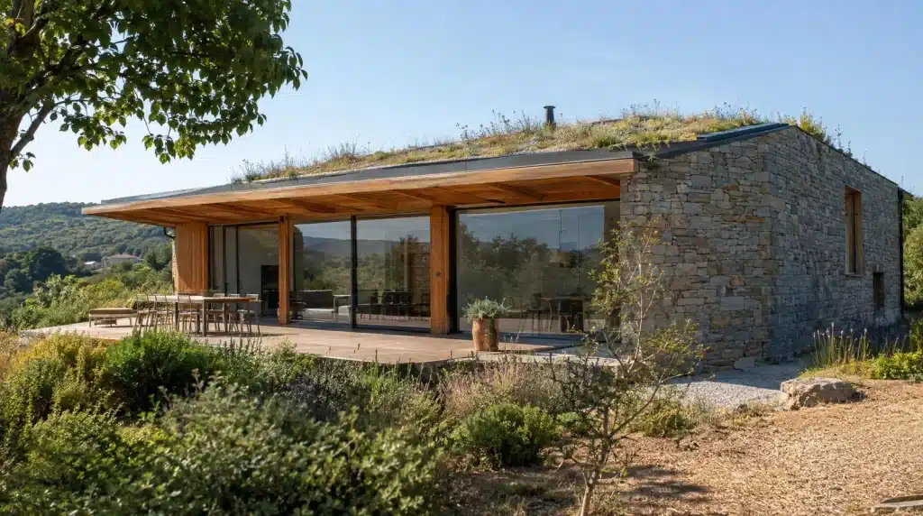 Maison bioclimatique en pierre avec grande baie vitrée au sud protégée par une casquette en bois et toiture végétalisée