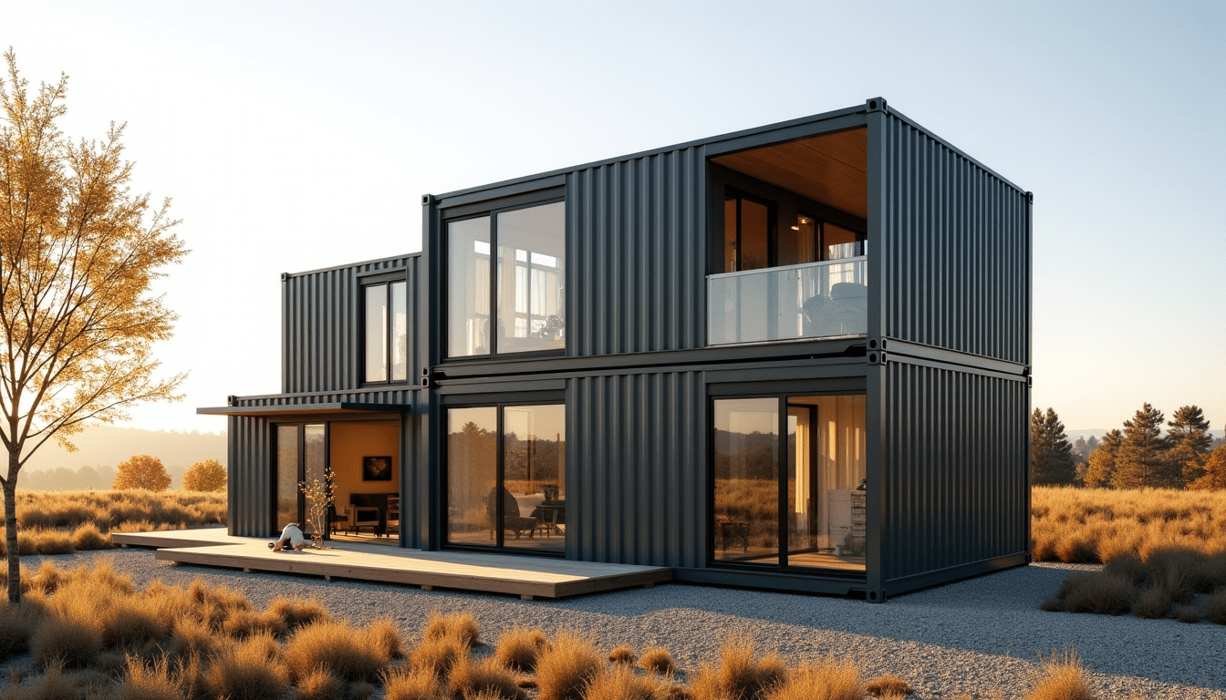 Maison container de plain-pied en bardage noir avec terrasse en bois et grande baie vitrée, dans un jardin arboré