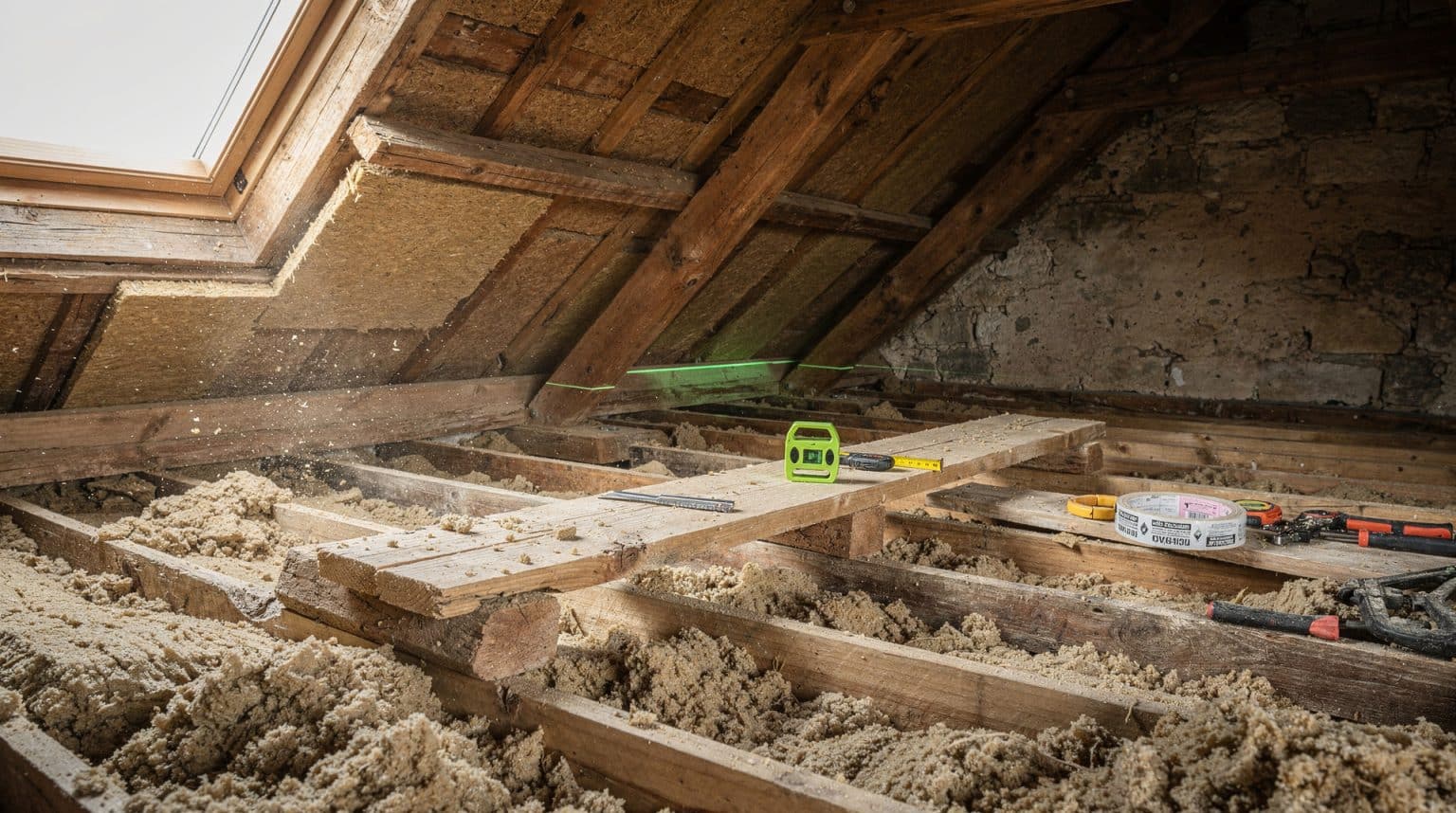 Combles d'une maison ancienne en cours d'isolation avec de la ouate de cellulose entre les solives, des travaux éligibles à MaPrimeRénov'