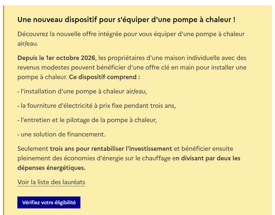 Encadré officiel de l'offre intégrée pompe à chaleur sur Électrifions la France, avec le lien vers la liste des lauréats