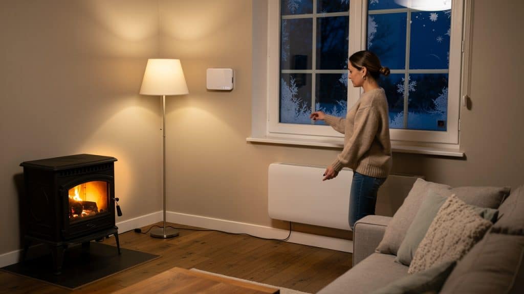 Option Tempo EDF : salon en hiver un jour rouge, radiateur électrique sous la fenêtre et poêle à bois allumé