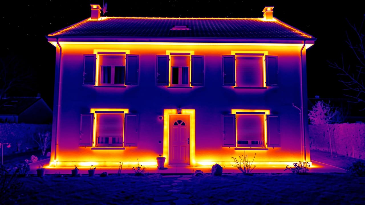 Thermographie d’une maison en hiver : les ponts thermiques ressortent en orange autour des fenêtres, en pied de mur et sous la toiture