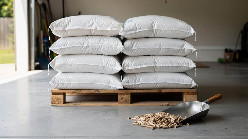 Prix des granulés de bois : palette de sacs de pellets de 15 kg et pelle à granulés dans un garage