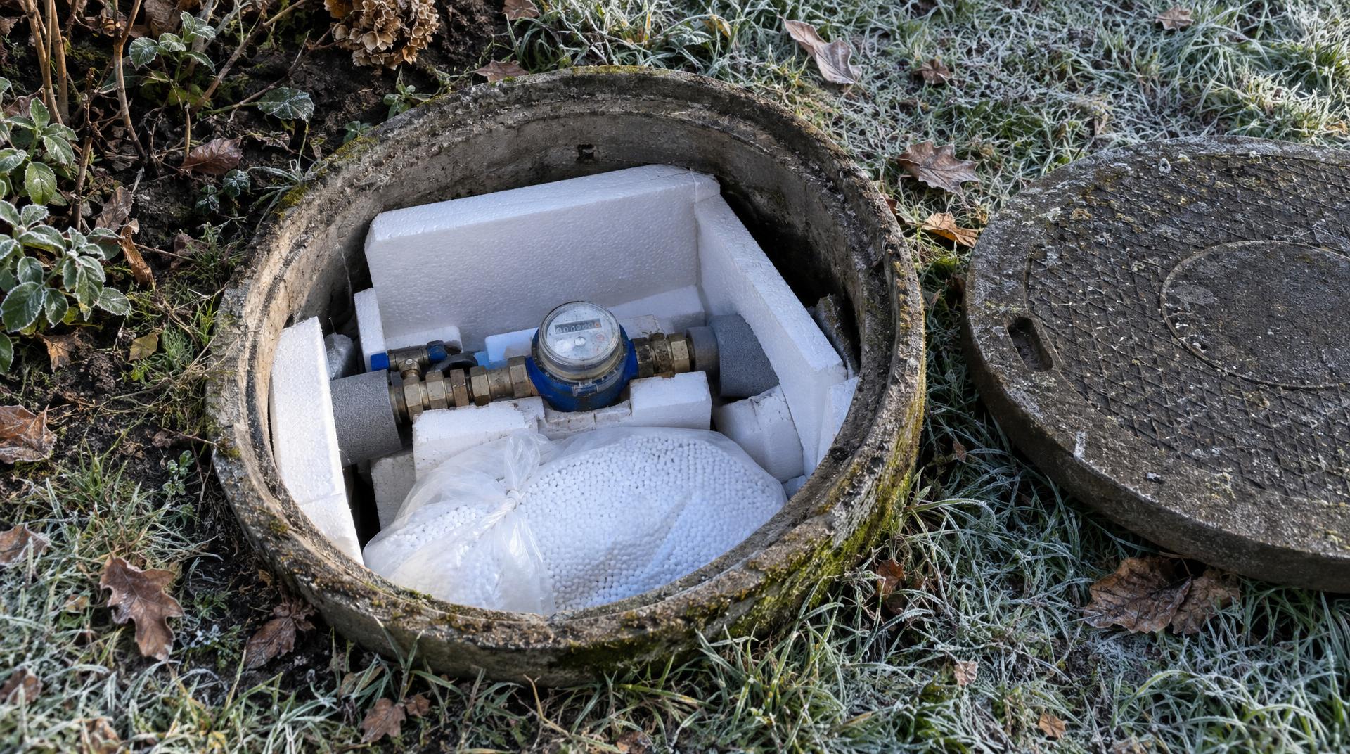 Compteur d'eau dans un regard extérieur protégé du gel par des plaques et des billes de polystyrène