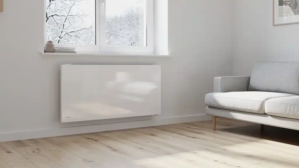 Radiateur électrique à inertie blanc installé sous la fenêtre d’un salon