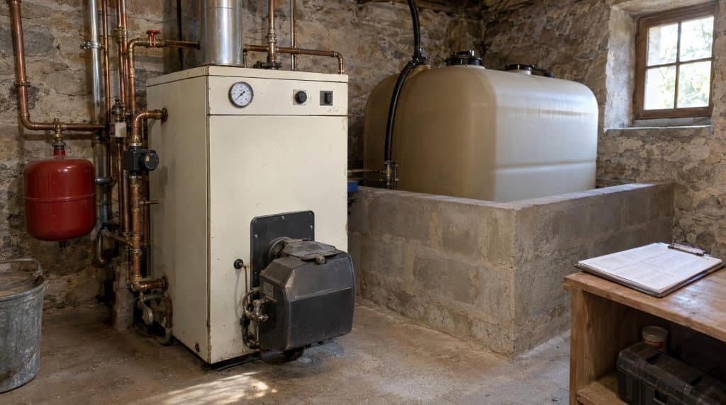 Remplacer sa chaudière fioul : ancienne chaudière au fioul et sa cuve dans la chaufferie d'une maison en pierre